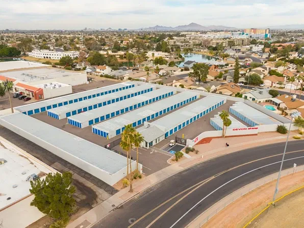 Aerial view of Devon Self Storage facility in residential neighborhood with drive-up units